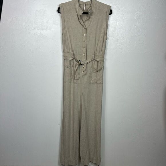 Free People Neutral Light Beige Linen Blend Jumpsuit With Pockets Size M - Picture 3 of 10